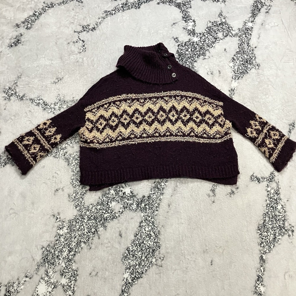Free People Burgundy Fair Isle Turtleneck Sweater Womens 4 Relaxed Boho Alpine